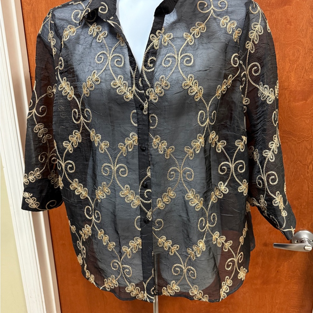 Karen Arnold  Black Blouse with Gold Embroidery 3x‎